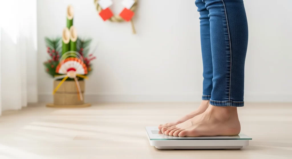 正月太りで体重計に乗って体重を確認する女性